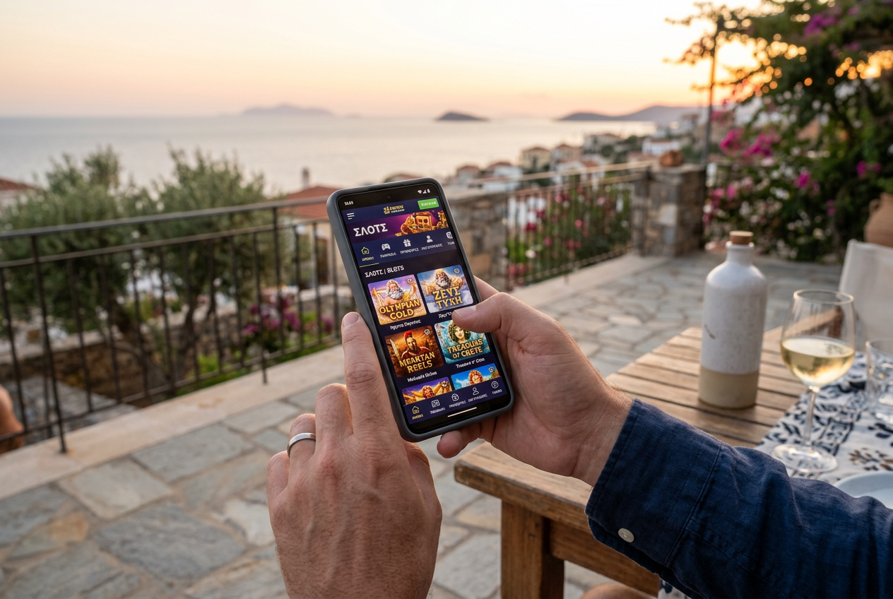 A high-end smartphone displaying a vibrant online casino app with Greek text.