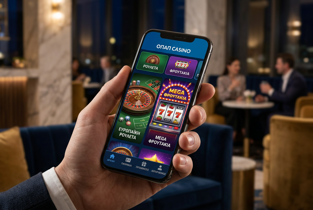 Modern mobile device showing a Greek online casino app.