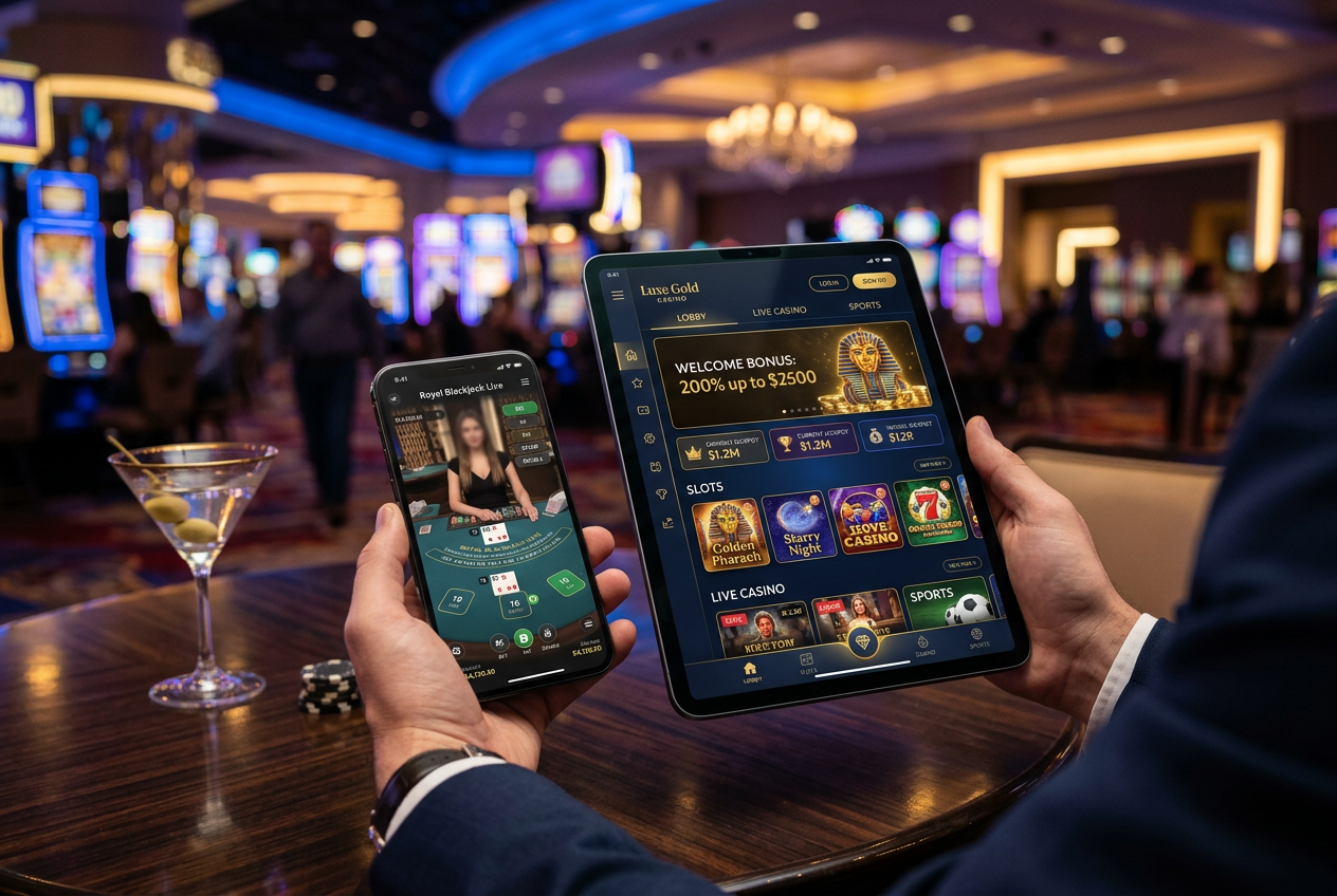 A luxury online casino interface on a smartphone and tablet with neon lights.