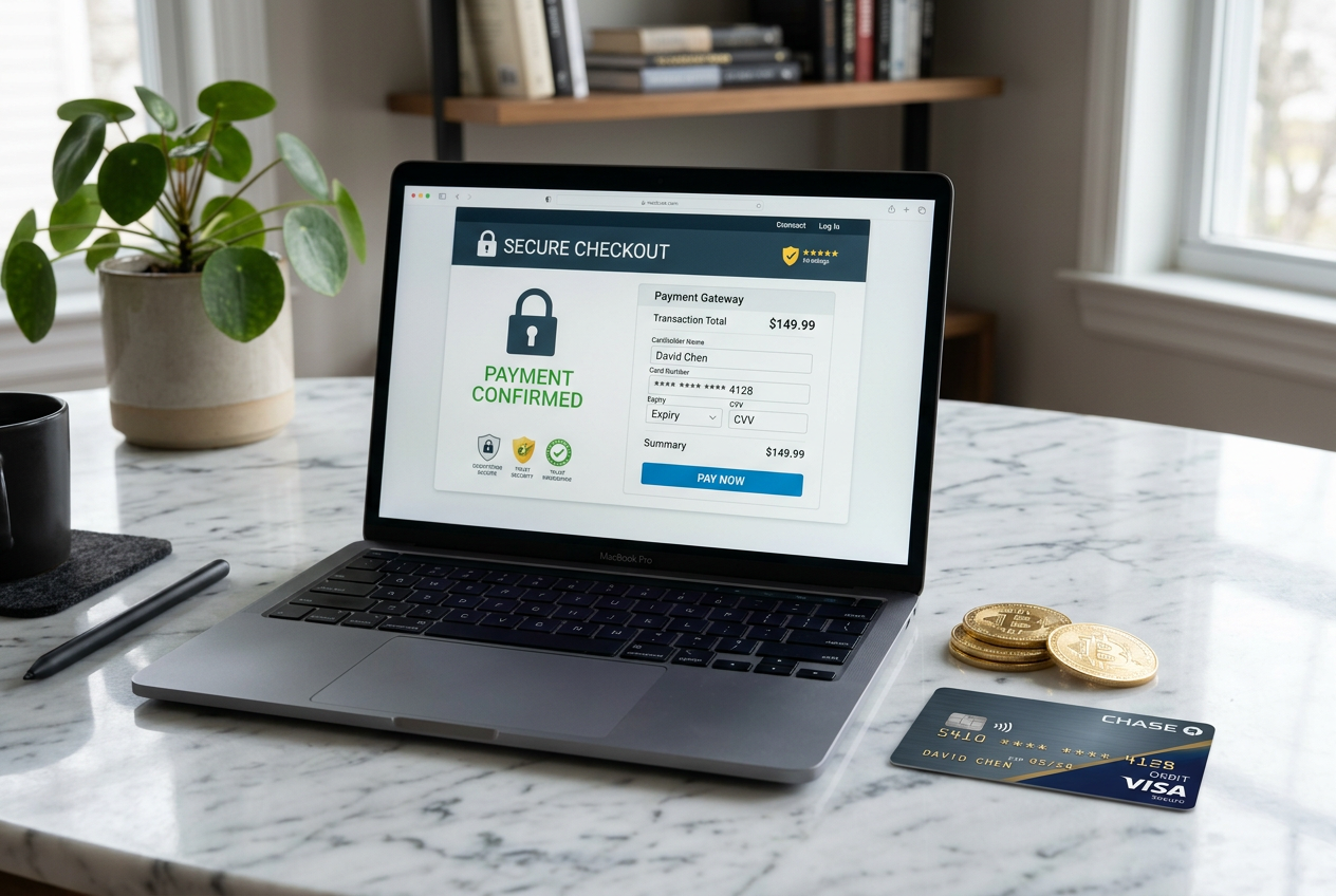 Secure digital payment methods including credit cards and cryptocurrency icons.